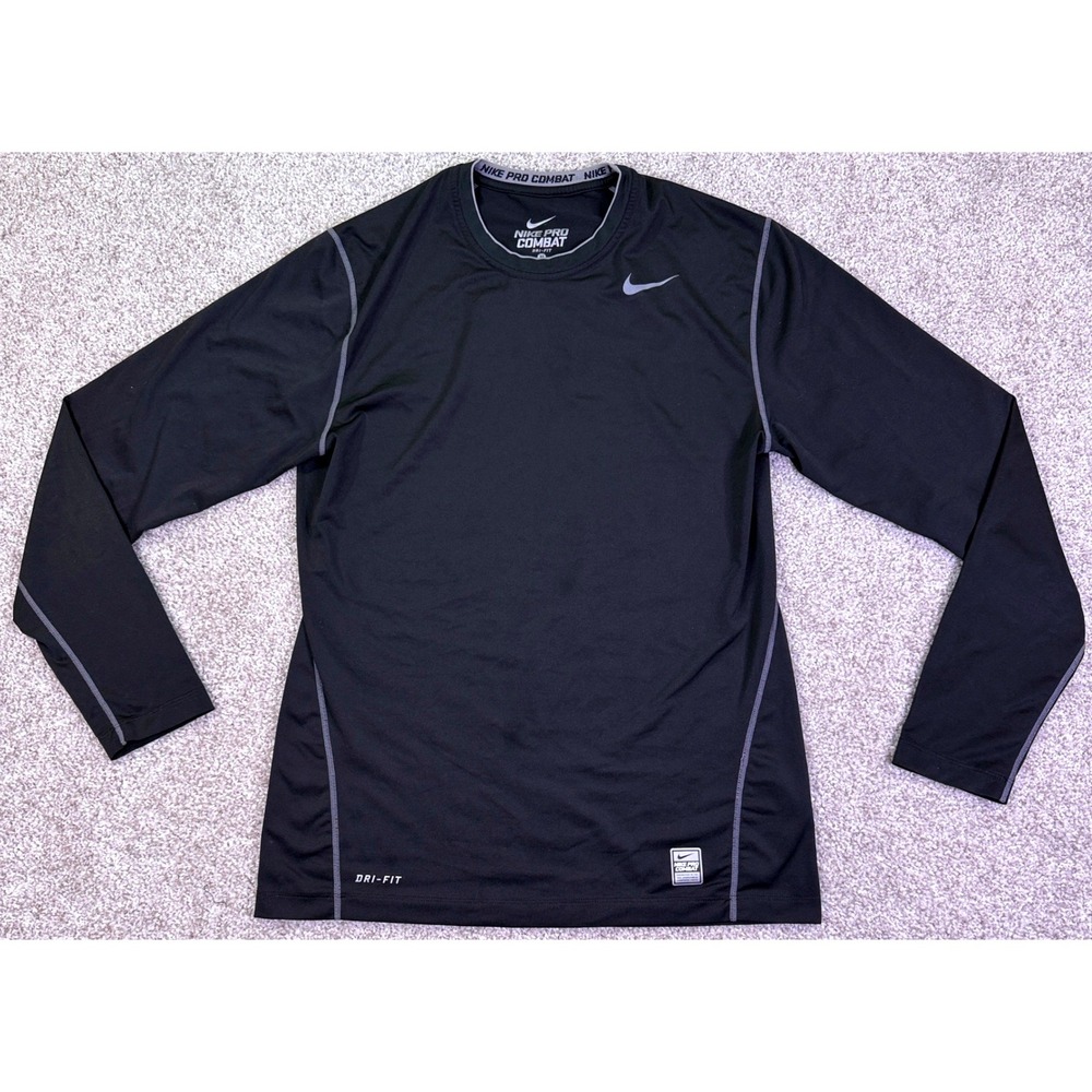 Nike Pro Combat Shirt Men M Black Long Sleeve Dri-Fit Compression Gym Training